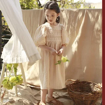 2023 ילדים חדש הבנות מתלבשות בסגנון קוריאני כותנה, תחרה ילדים שמלת נסיכה בועה השרוול שמלות החוף